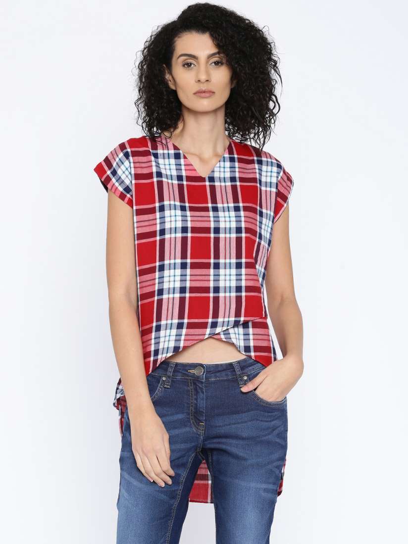Buy Pepe Jeans Women Red Navy Checked Regular Top Tops for Women 1552789 Myntra