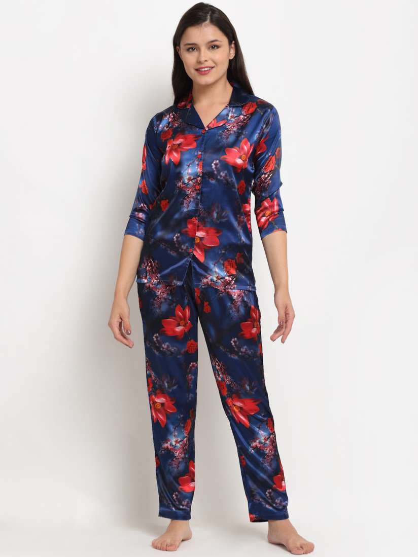 Buy Claura Women Blue Red Printed Satin Night suit Night suits for Women 15547334 Myntra
