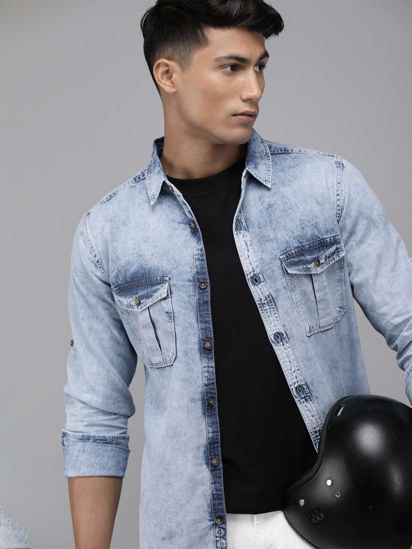 Buy The Roadster Lifestyle Co Men Blue Regular Fit Faded Opaque Pure Cotton Casual Denim Shirt with Pockets Shirts for Men 15557612 Myntra