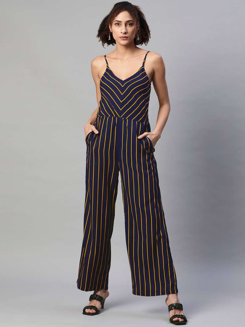 Buy VARUSHKA Navy Blue Yellow Striped Basic Jumpsuit Jumpsuit for Women 15570674 Myntra