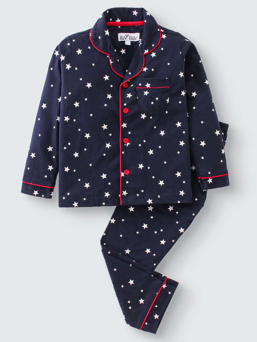 Buy Nite Flite Boys Navy Blue White Pure Cotton Printed Night suit Night suits for Boys 15570686 Myntra