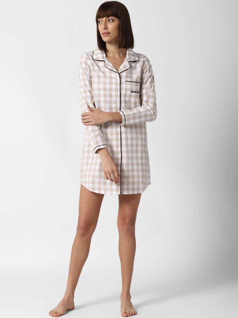 Buy FOREVER 21 Women Beige White Checked Pure Cotton Sleep Shirt Nightdress for Women 15590428 Myntra
