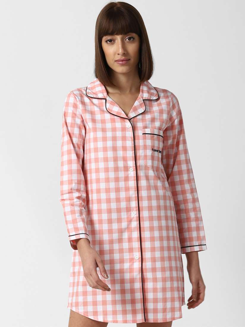 Buy FOREVER 21 Women Pink White Checked Pure Cotton Sleep Shirt Nightdress for Women 15590430 Myntra