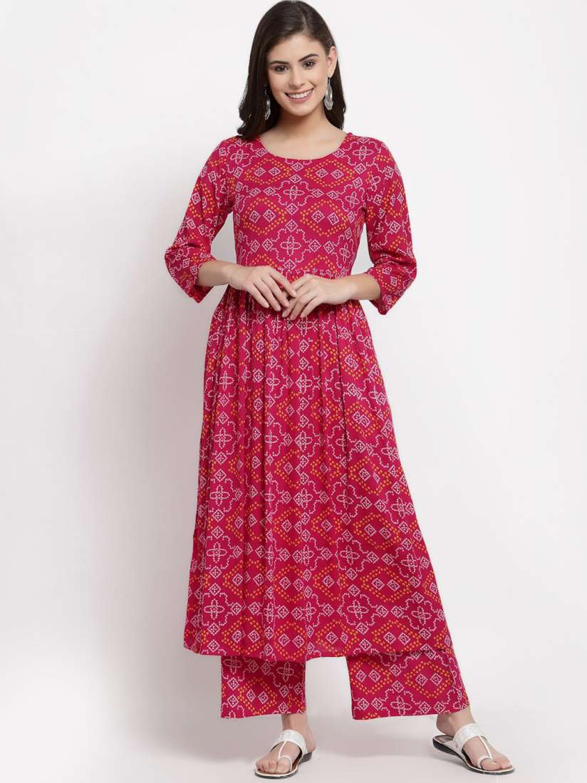 Buy Yuris Women Pink Off White Bandhani Print Pure Cotton Kurta with Palazzos Kurta Sets for Women 15590798 Myntra