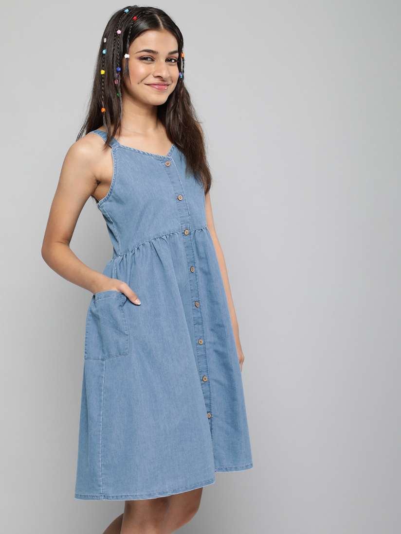 Buy JUSTICE Girls Blue Solid Denim Cotton Fit Flare Dress with Oversized Pockets Dresses for Girls 15592732 Myntra
