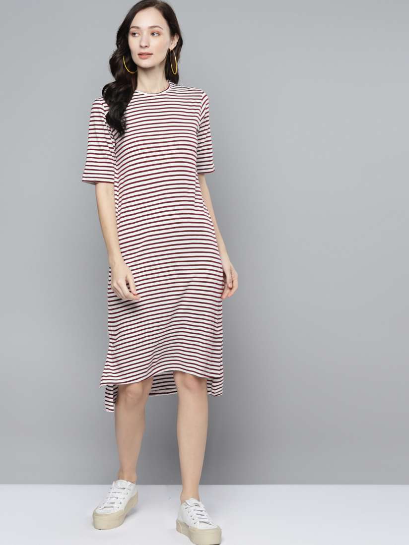 Buy FEMMELLA White Maroon Striped T shirt Dress Dresses for Women 15597670 Myntra