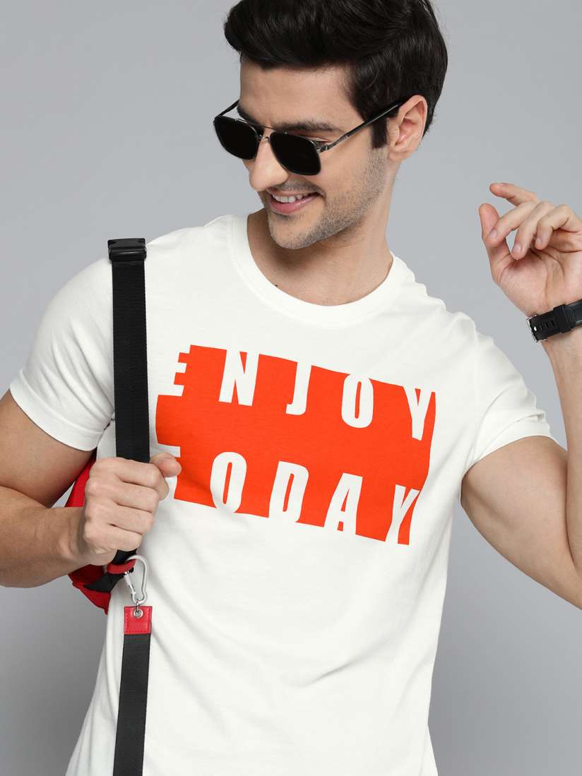 men's white and orange graphic tee