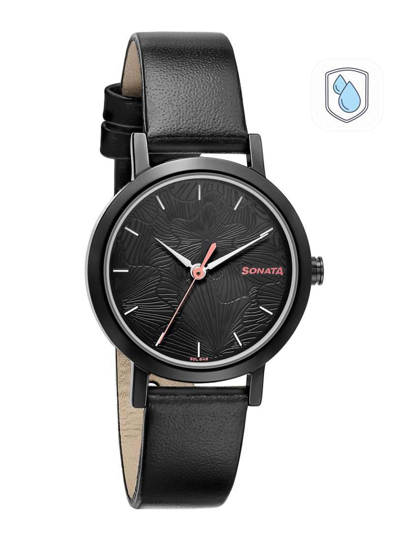 Sonata black leather watch outlet
