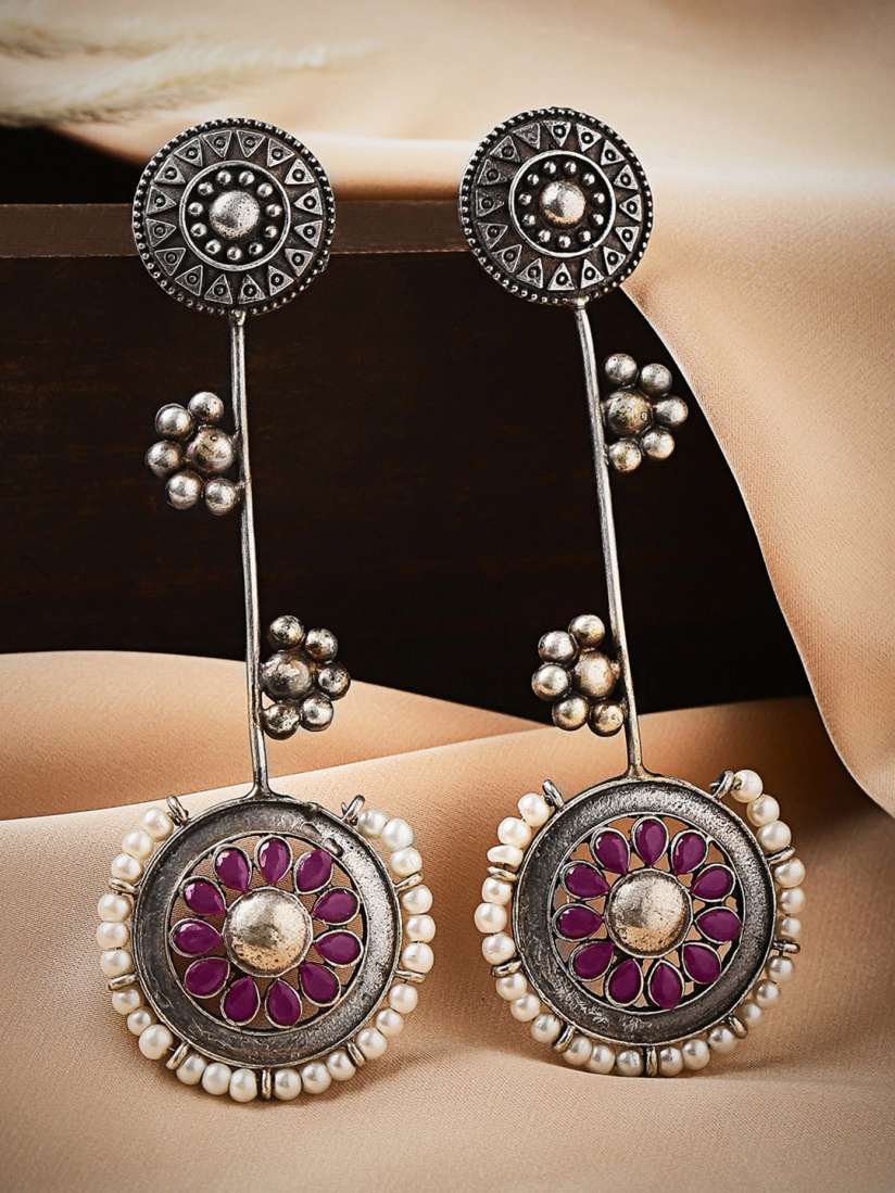 Buy Rubans Oxidized Silver Plated Ruby and Pearl Beaded Floral Dangle Earrings Traditional Earrings for Women 15615052 Myntra
