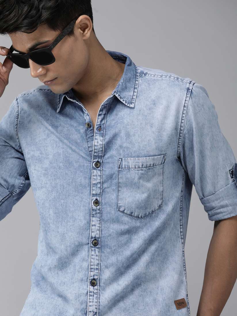 Buy Roadster Men Blue Solid Washed Cotton Denim Shirt Shirts for Men 15615862 Myntra