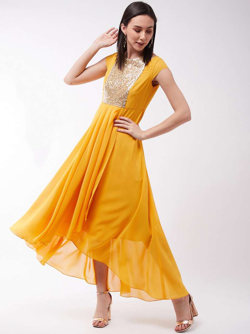 Buy Miss Chase Mustard Yellow Gold Toned Embellished Georgette Fit Flare Dress Dresses for Women 15617438 Myntra
