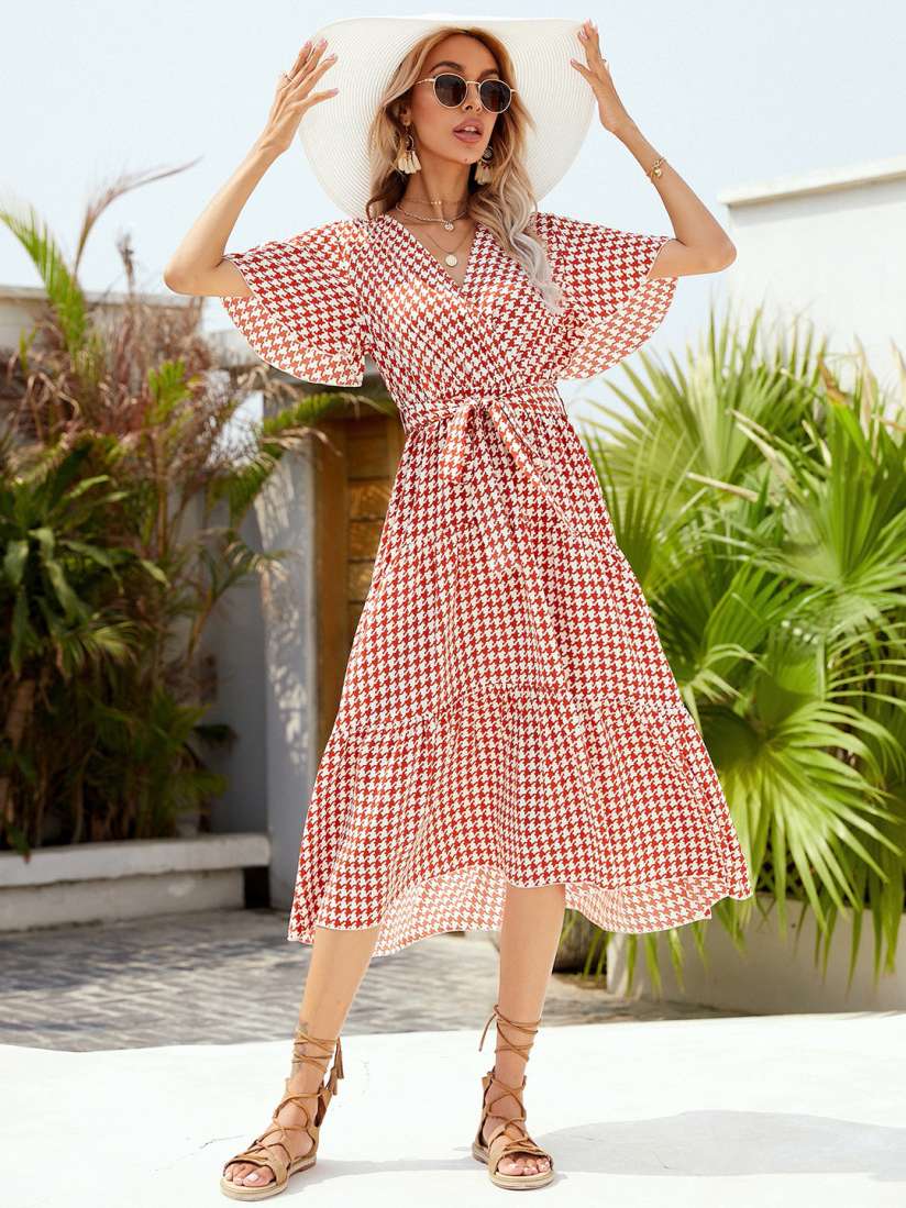 Buy URBANIC Red White Houndstooth Checked Midi Wrap Tiered Dress with Belt Dresses for Women 15629374 Myntra