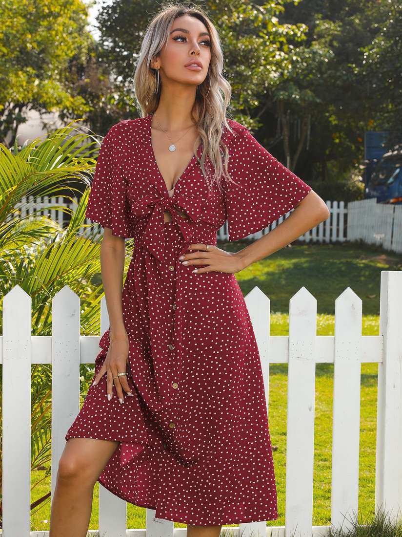 Burgundy and white polka dot dress cheap