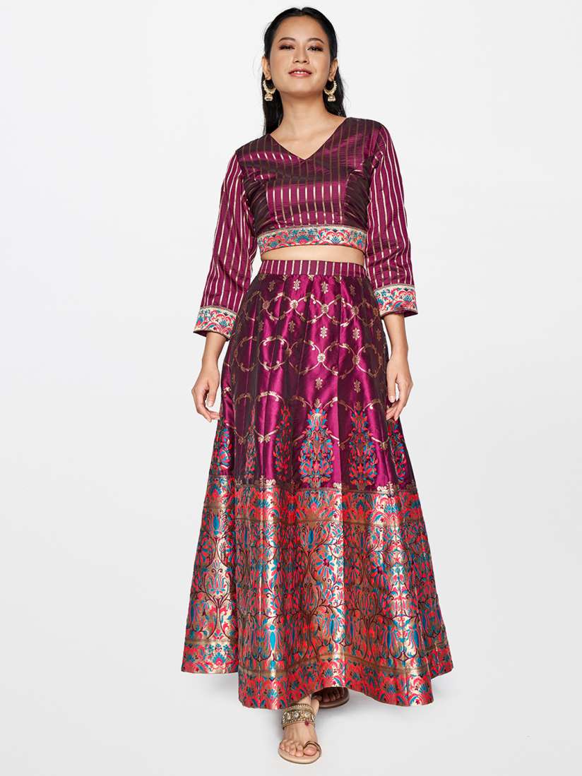 Buy Global Desi Burgundy Gold Toned Embellished Batik Ready to Wear Lehenga Lehenga Choli for Women 15669892 Myntra