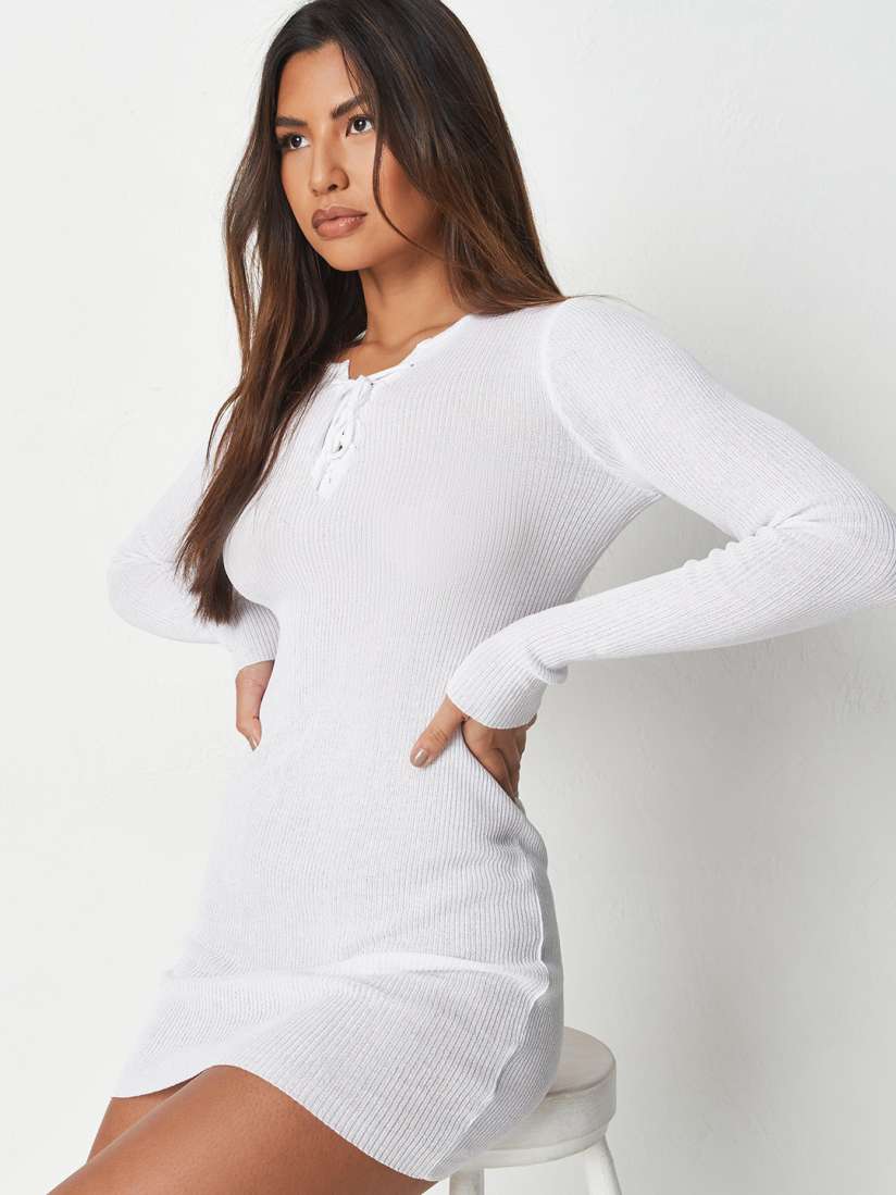 Buy Missguided White Ribbed Tie Up Neck Mini Bodycon Dress Dresses for Women 15673372 Myntra