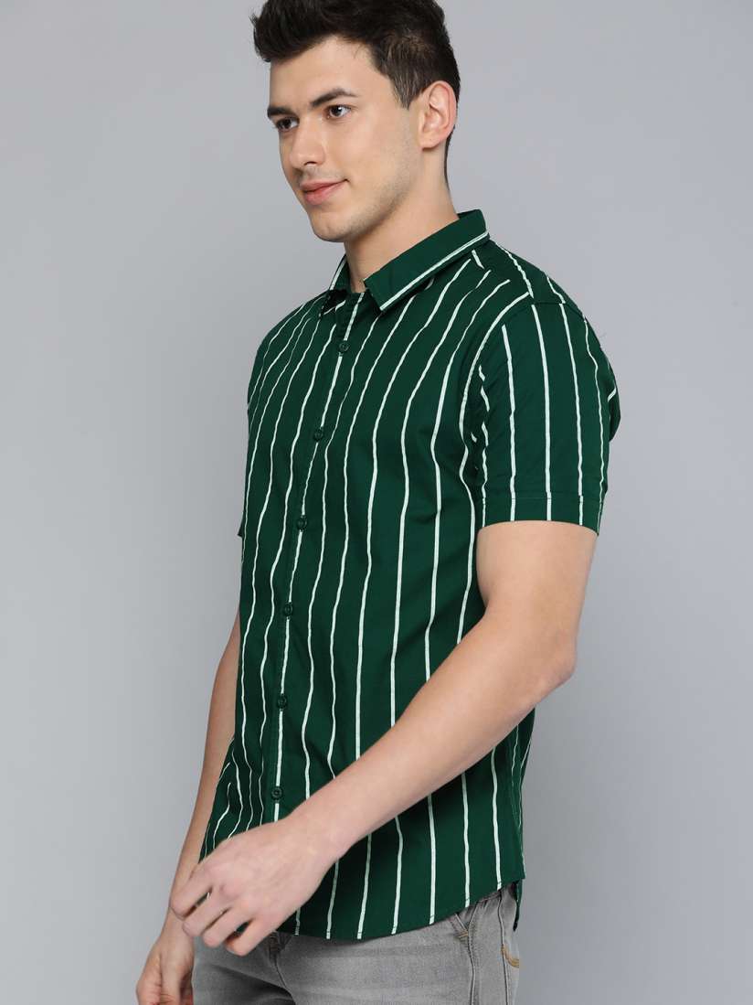 HERE&NOW Men Green & White Striped Slim Fit Pure Cotton Casual Shirt