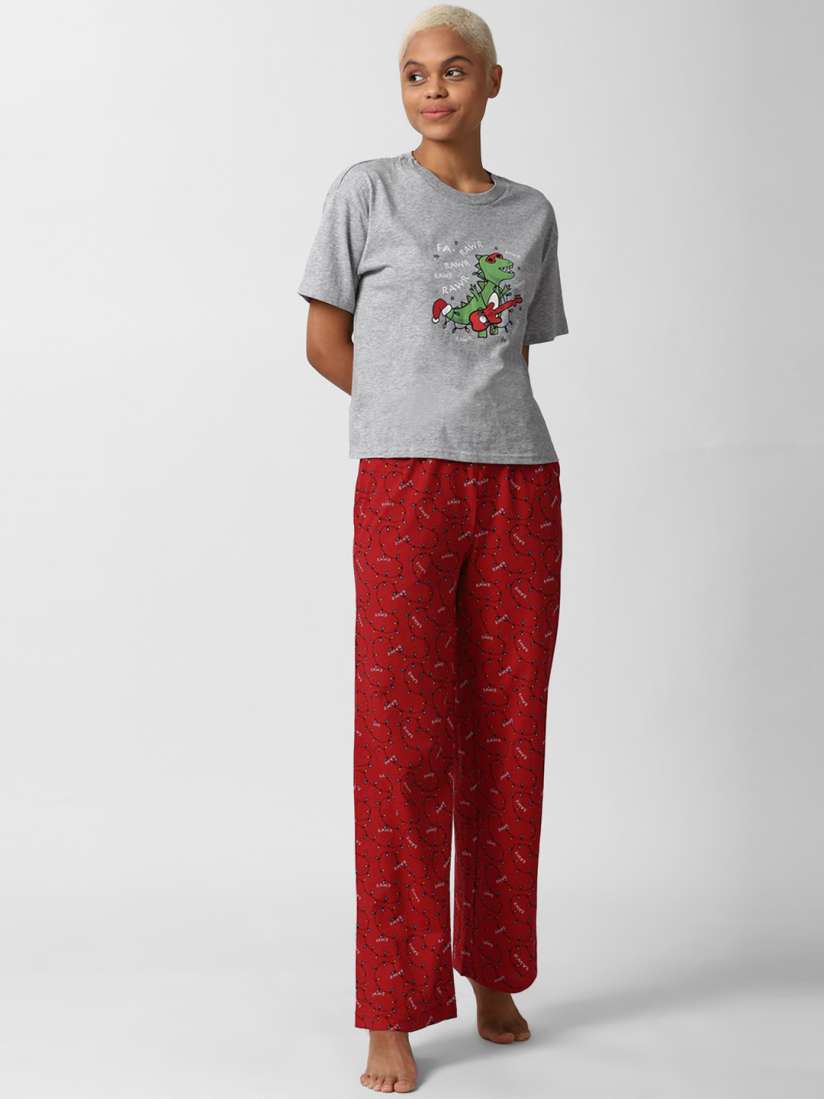 Buy FOREVER 21 Women Grey Red Printed Loungewear Set Night suits for Women 15678022 Myntra