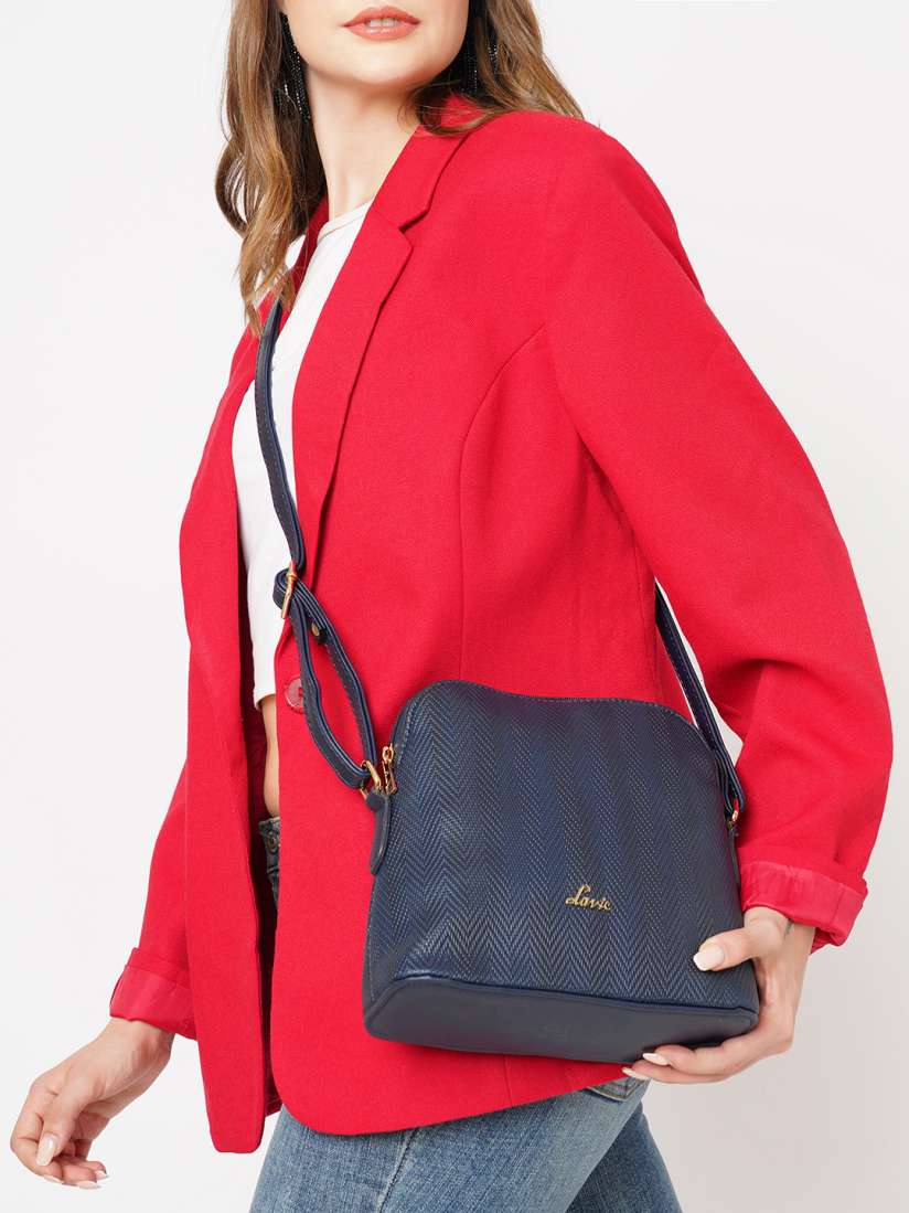 Buy Lavie Navy Blue Textured PU Regular Structured Sling Bag with Embroidery Handbags for Women 15682502 Myntra