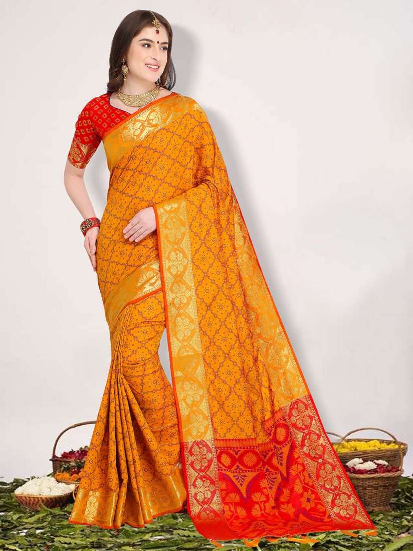 Buy Mitera Mustard Red Floral Zari Silk Blend Kanjeevaram Saree Sarees for Women 15708710 Myntra