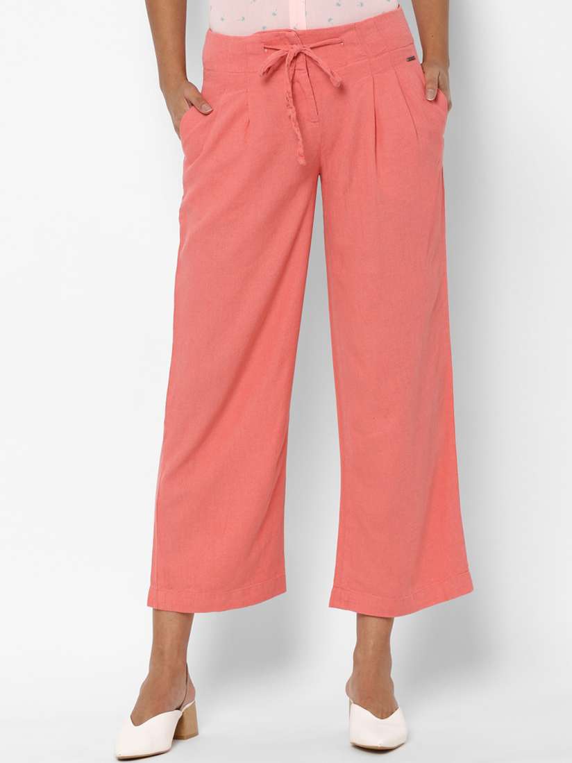 Buy Allen Solly Woman Women Pink Slim Fit Pleated Linen Parallel Trousers Trousers for Women 15714496 Myntra