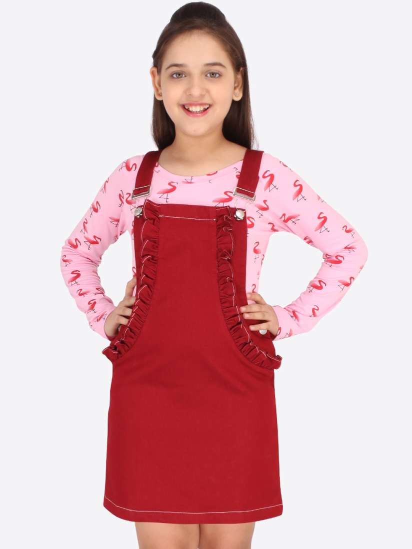 Red denim pinafore dress on sale