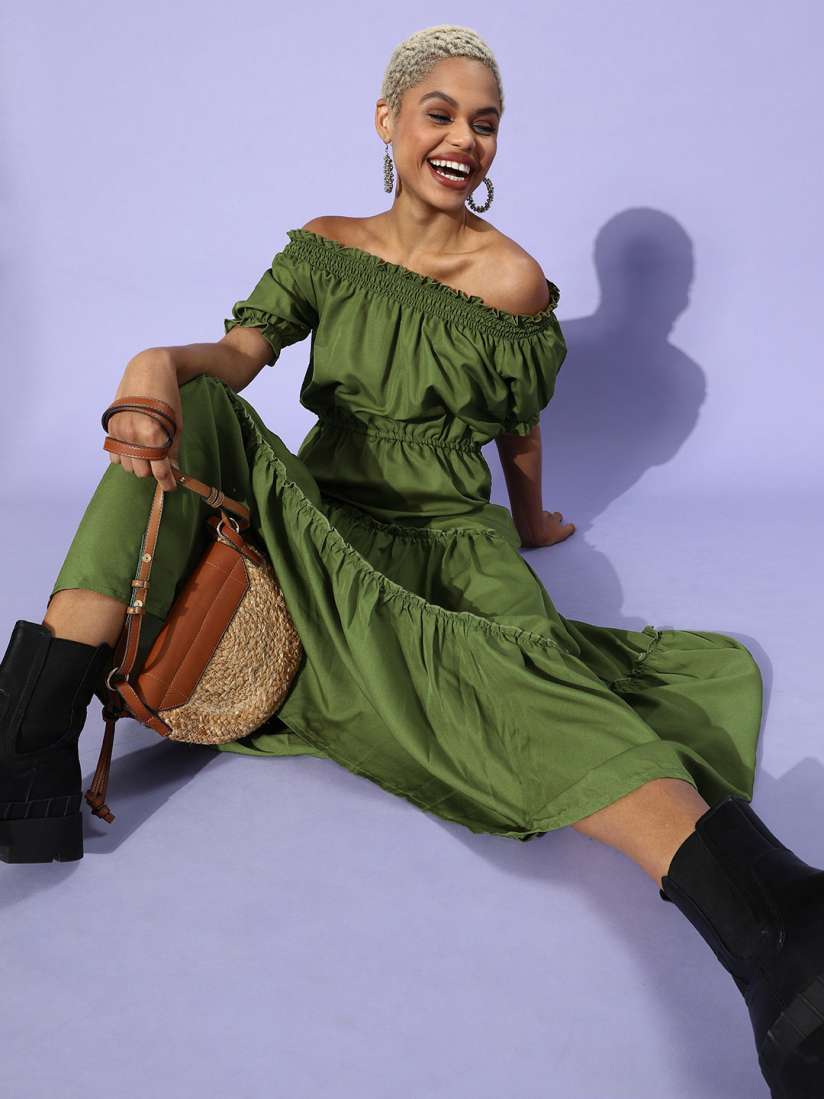 Buy U F Olive Green Off Shoulder Maxi Dress Dresses for Women 15736842 Myntra