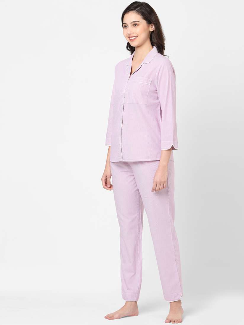 Buy Mystere Paris Women Purple White Striped Pure Cotton Night suit Night suits for Women 15744590 Myntra