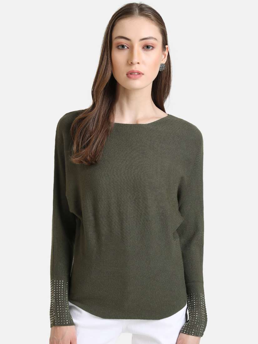 Buy Kazo Women Olive Green Studded Cuff Batwing Pullover Sweater Sweaters for Women 15752946 Myntra