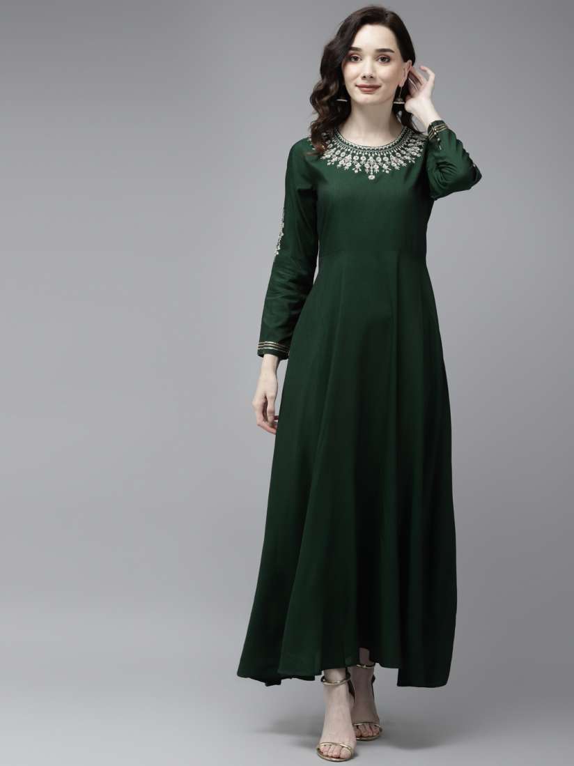 Buy W Women Bottle Green Embroidered Ethnic Maxi Dress Ethnic Dresses for Women 15754186 Myntra