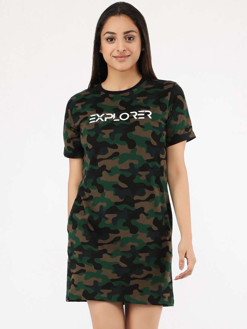 Buy JUNEBERRY Olive Green Black Camouflage Printed Cotton T