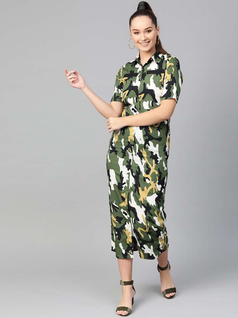 Buy Zima Leto Olive Green Yellow Camouflage Printed Shirt Midi Dress Dresses for Women 15764604 Myntra