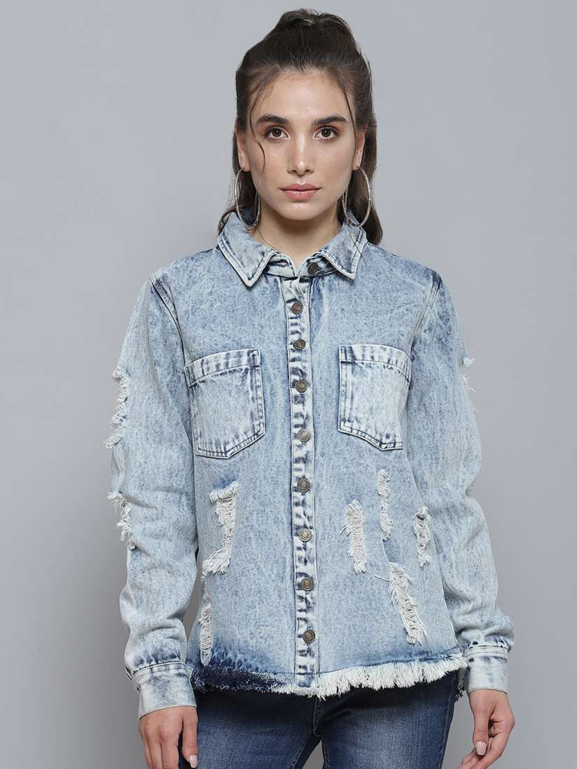 Buy SASSAFRAS Women Blue Washed High Low Distressed Cotton Denim Shirt Shirts for Women 15790446 Myntra