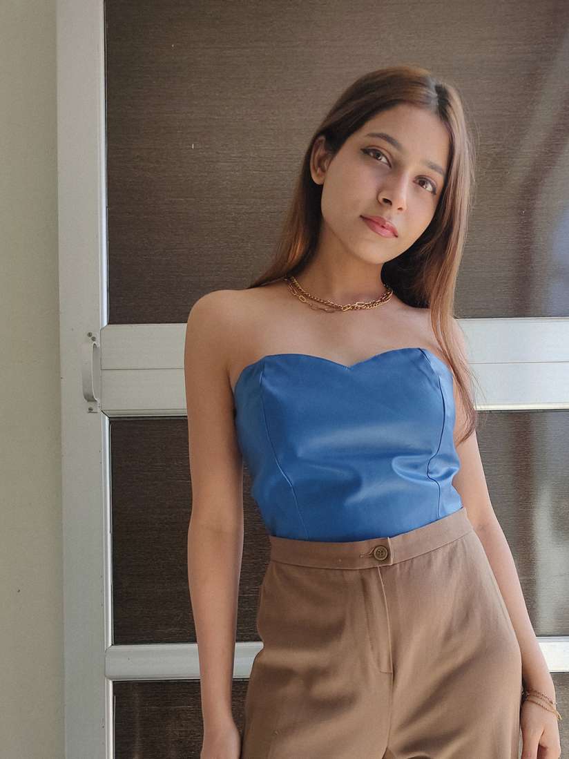 Buy SASSAFRAS Blue PU Bustier Tube Crop Top Tops for Women 15790580 Myntra