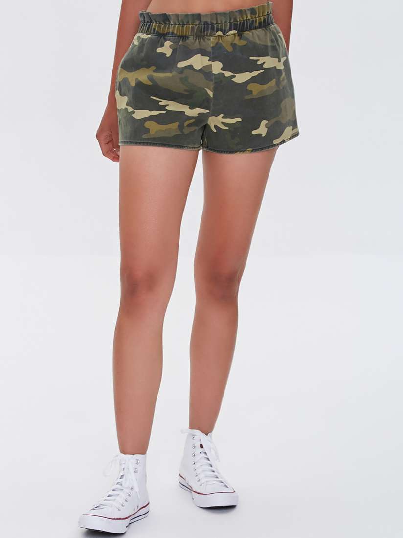 Buy FOREVER 21 Women Olive Green Camouflage Printed Pure Cotton Paperbag Shorts Shorts for Women 15811520 Myntra