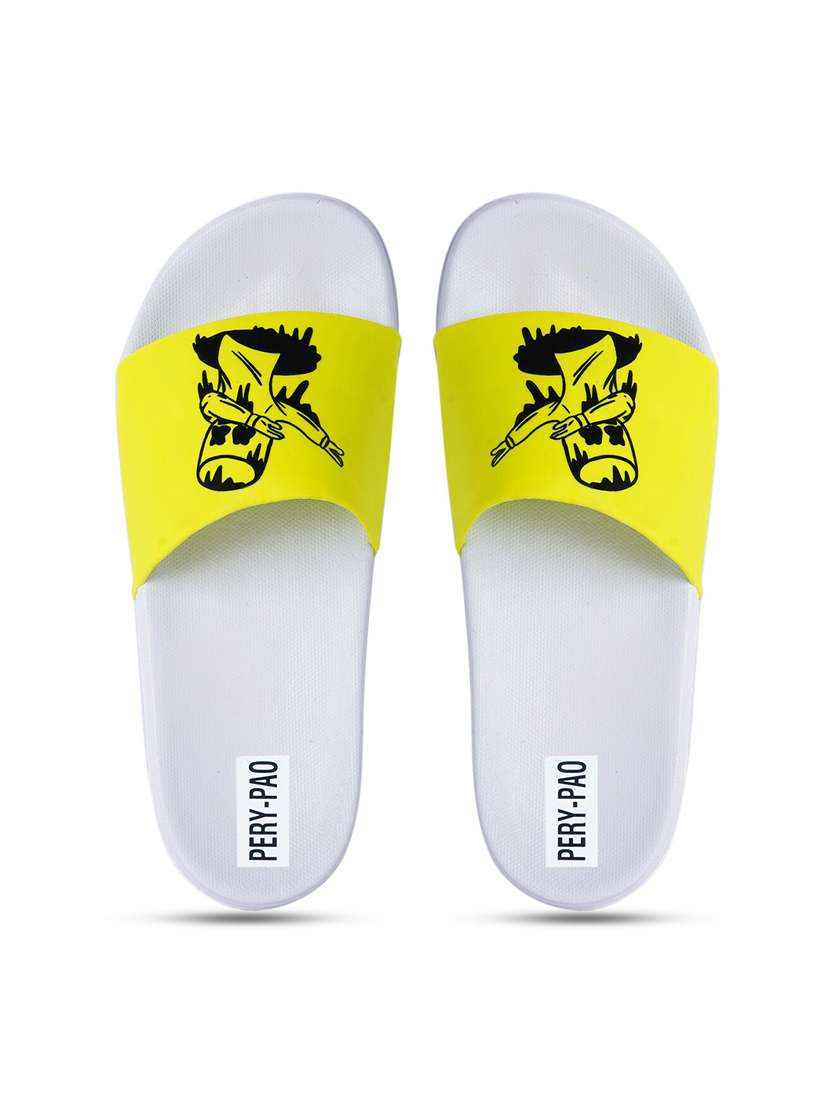 Buy PERY PAO Men Yellow \u0026 White Printed Rubber Sliders - Flip Flops for Men  15823944 | Myntra