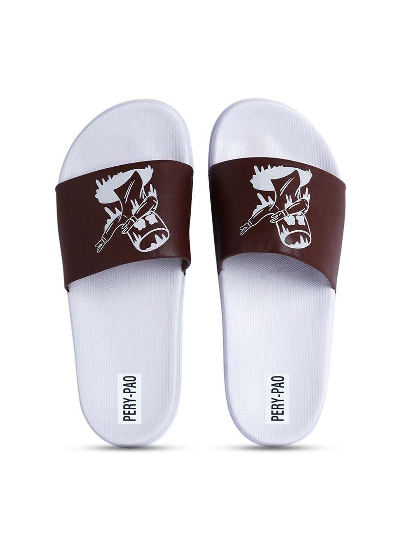 Buy PERY PAO Men Brown \u0026 White Printed Rubber Sliders - Flip Flops for Men  15823956 | Myntra