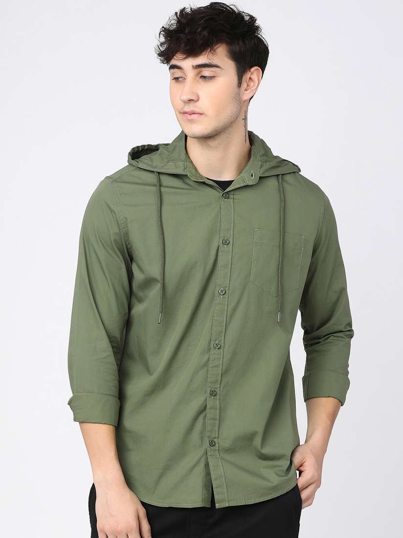 Buy HIGHLANDER Men Olive Green Solid Casual Hooded Shirt - Shirts 