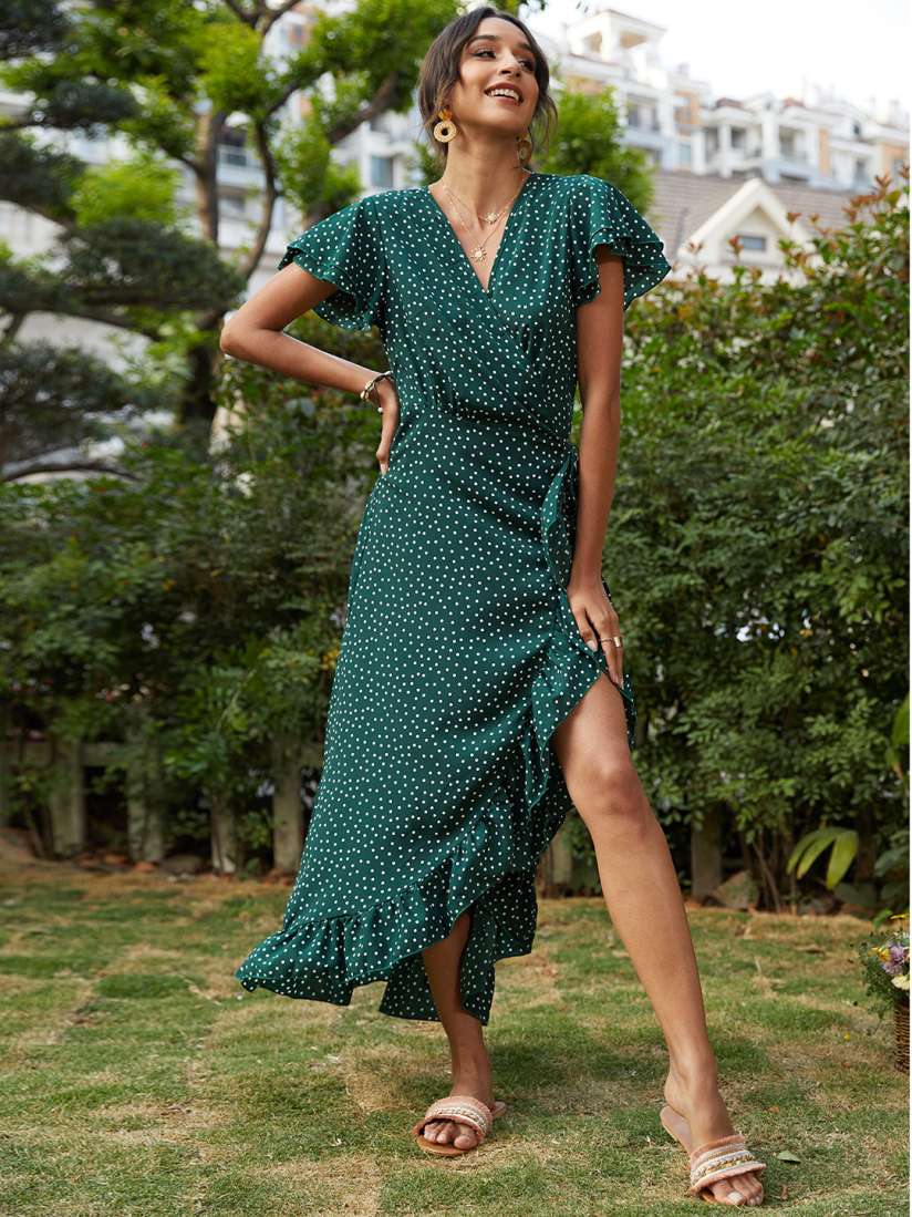 Green polka dot maxi dress hot sale