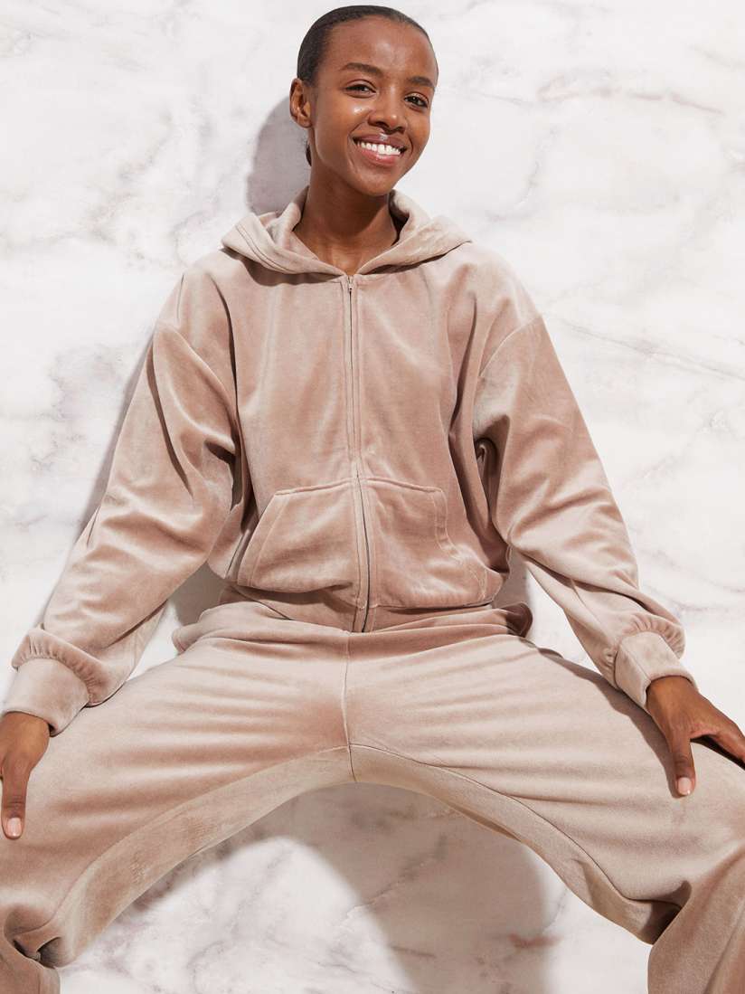Buy H M Women Beige Solid Velour Zip Through Hoodie Sweatshirts for Women 15852706 Myntra