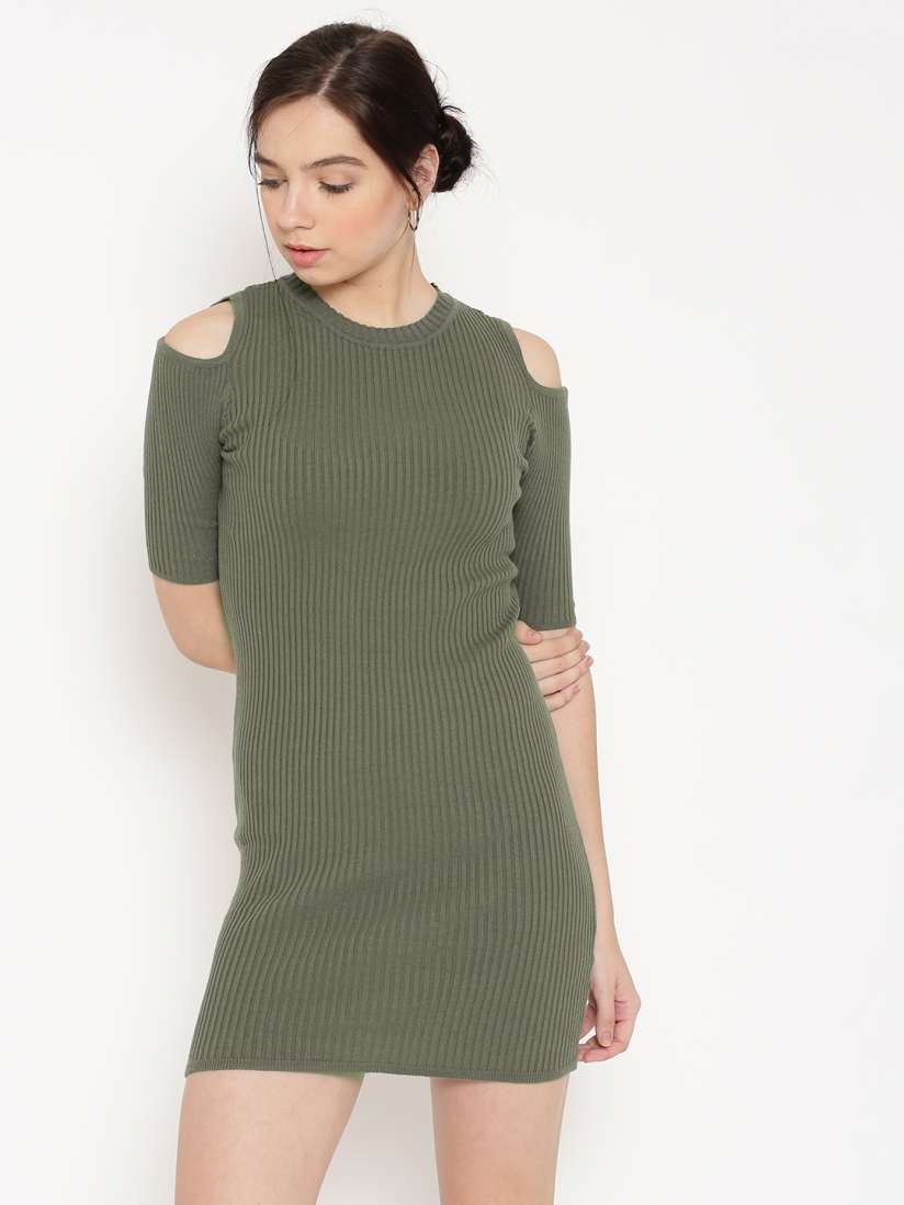 Buy FOREVER 21 Women Olive Green Ribbed Cold Shoulder Bodycon Dress Dresses for Women 1585976 Myntra