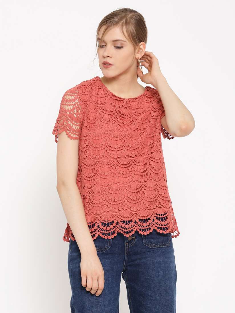 Buy FOREVER 21 Women Coral Orange Lace Top Tops for Women 1586545 Myntra