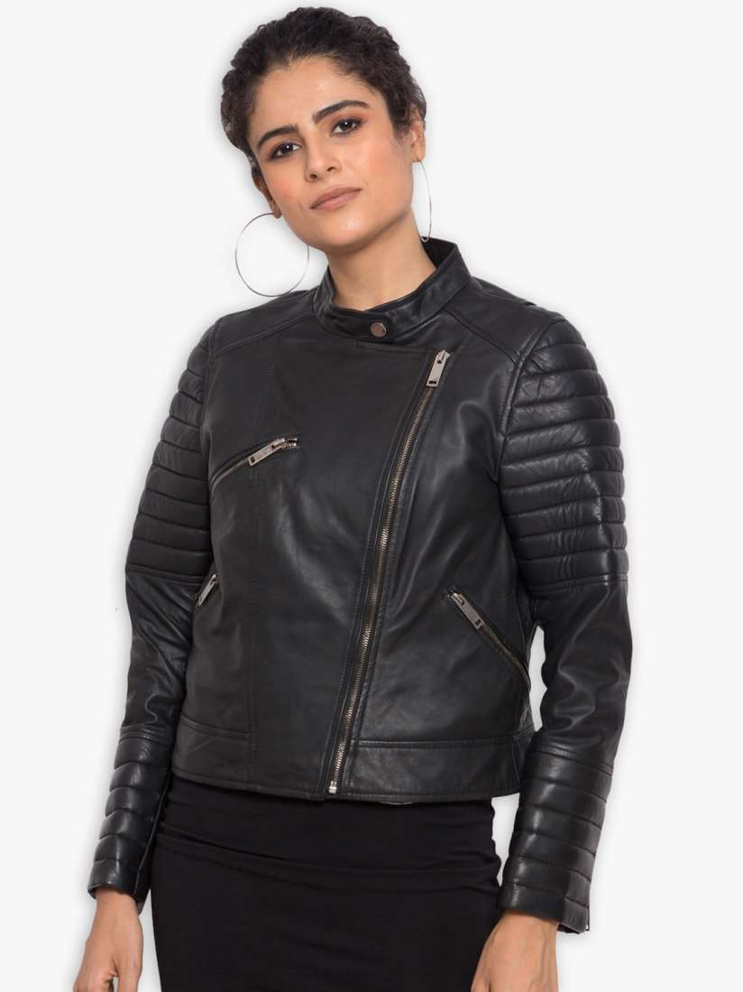 Buy Justanned Women Black Leather Crop Outdoor Biker Jacket Jackets for Women 15880872 Myntra