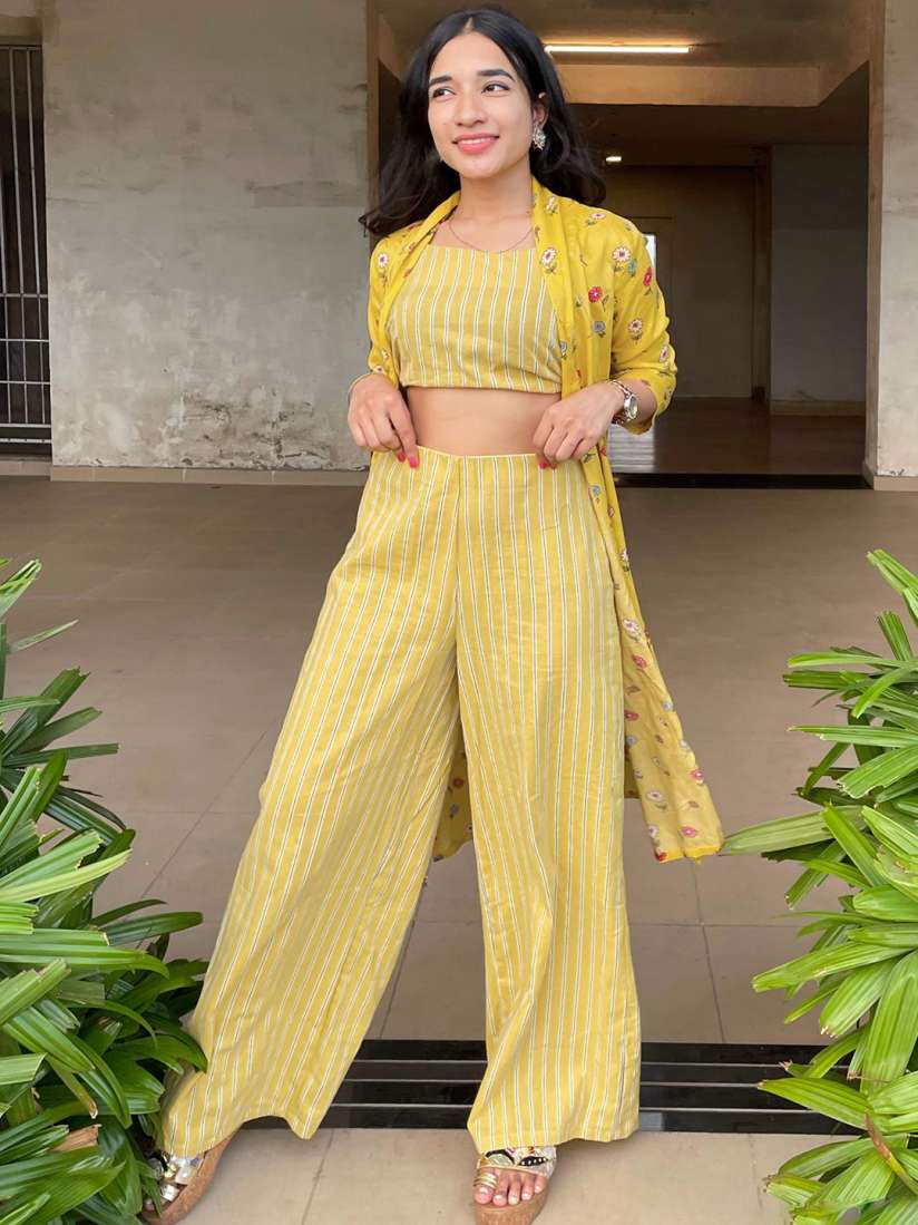 Buy Vishudh Women Yellow Striped Regular Top with Palazzos Jacket Kurta Sets for Women 15883508 Myntra
