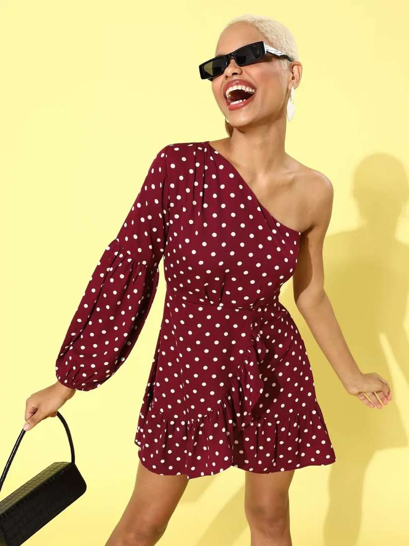 Buy Berrylush Women Red Polka Dotted One Shoulder Dress Dresses for Women 15885534 Myntra