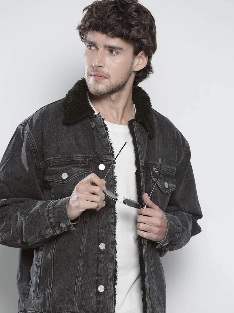 Dark Denim Fur Jacket Men Tommy Hilfiger Men Black Faux Fur Trim