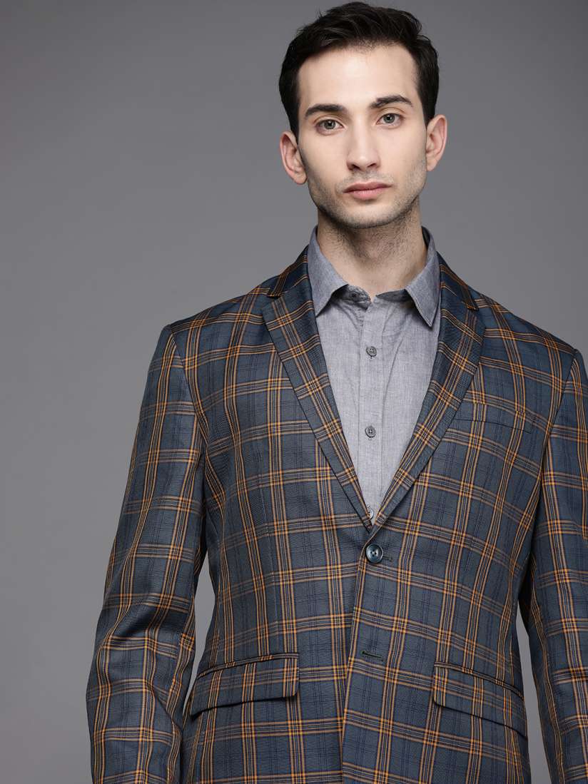 Buy Peter England Elite Men Blue Yellow Checked Single Breasted Slim Fit Formal Blazer Blazers for Men 15904418 Myntra