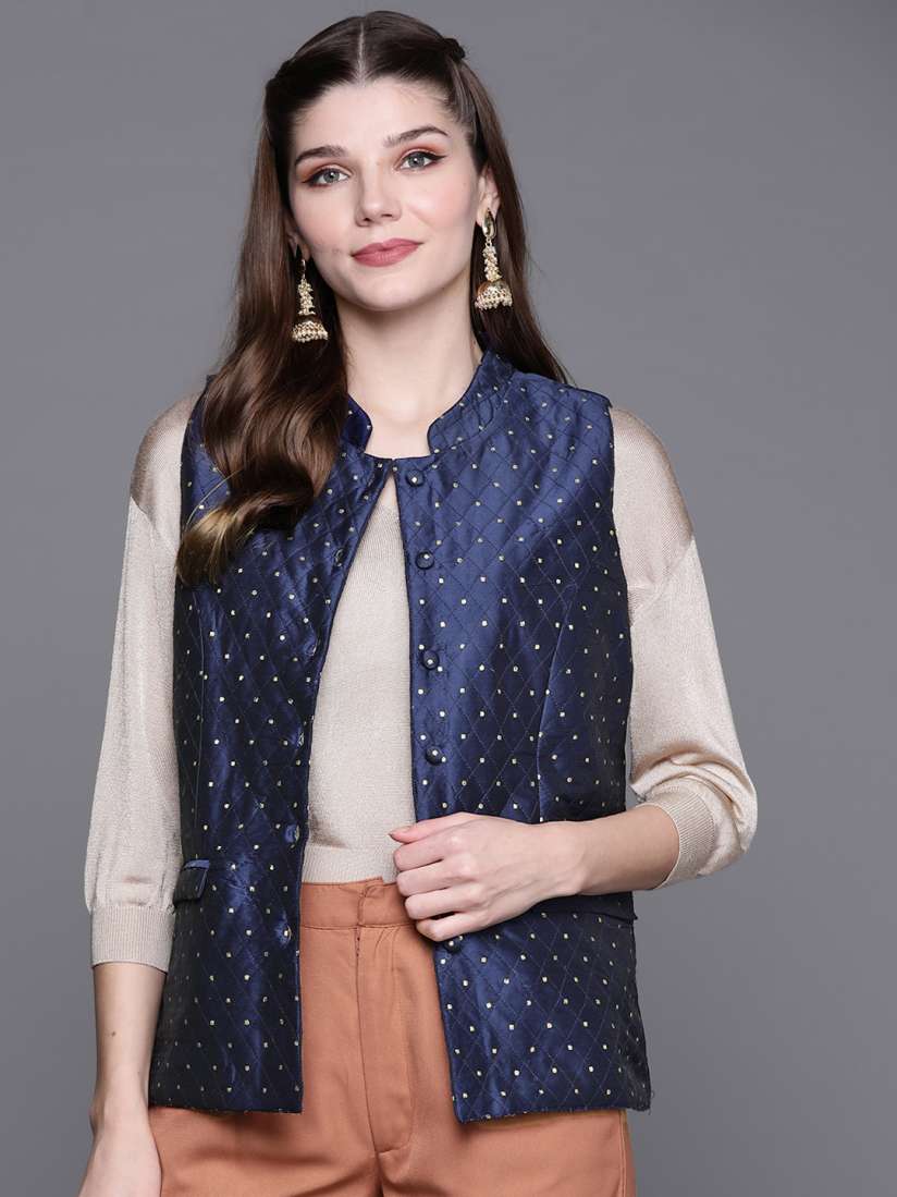 Buy Biba Women Navy Blue Golden Ethnic Jacket Jackets for Women 15921474 Myntra