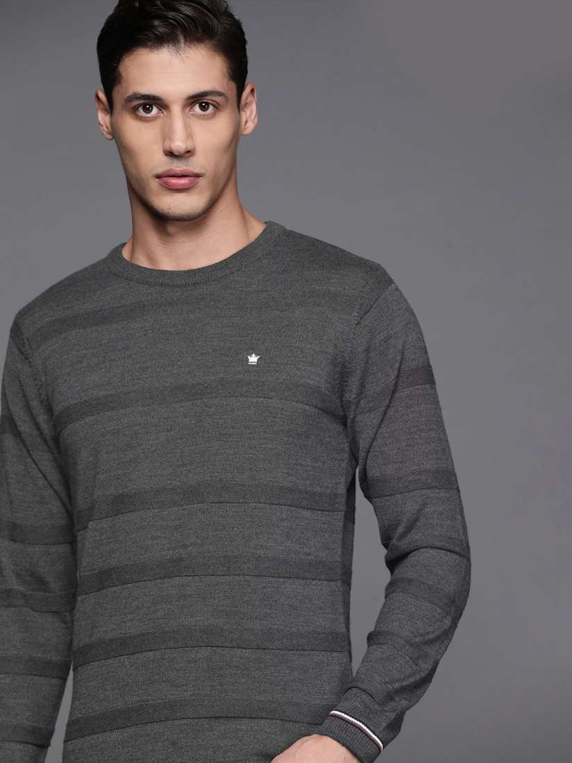 Buy Louis Philippe Men Charcoal Grey Striped Pullover Sweaters for Men 15925782 Myntra