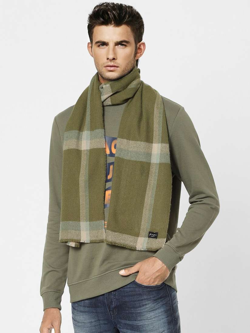 Buy Jack Jones Men Olive Green Grey Checked Acrylic Scarf