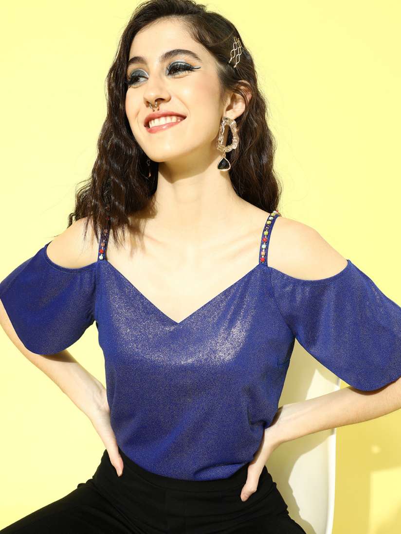 Buy SASSAFRAS Blue Metallic Cold Shoulder Strappy Top Tops for Women 15940154 Myntra